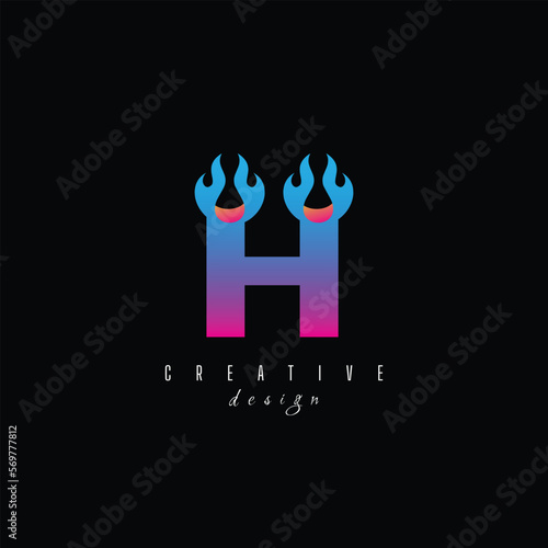 fire and letter H character, letter, syllable logo