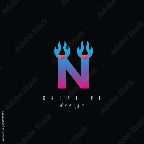 fire and letter N character, letter, syllable logo
