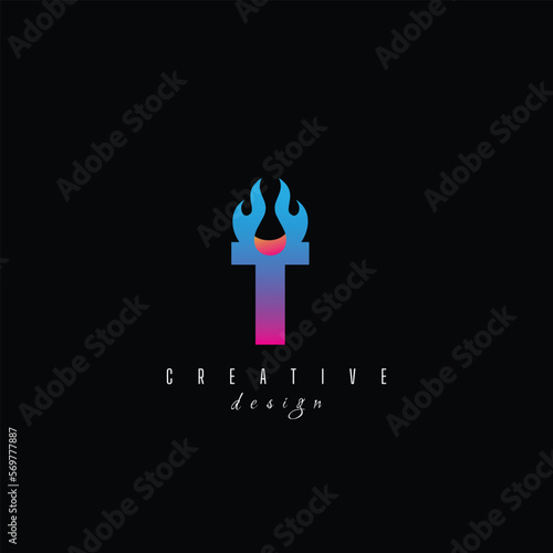 fire and letter T character, letter, syllable logo
