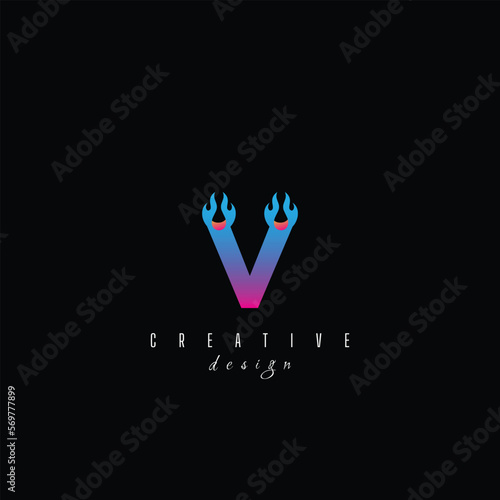 fire and letter V character, letter, syllable logo