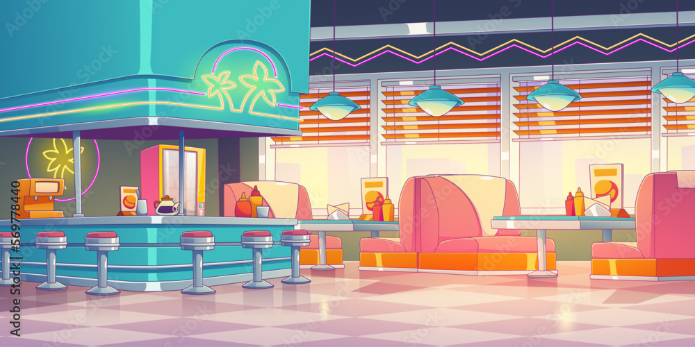 Retro restaurant, diner interior with bar counter. Vintage coffee shop, american cafe with tables, sofas and stools. Empty cafeteria interior in 50s style, vector illustration in contemporary style