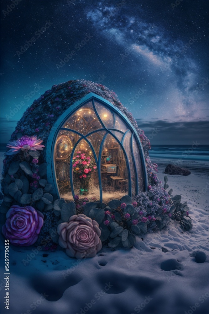 Photo of blue transparent adorable hobbit house. Generative Ai.