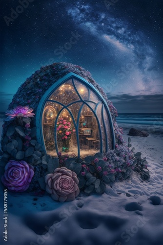 Photo of blue transparent adorable hobbit house. Generative Ai.