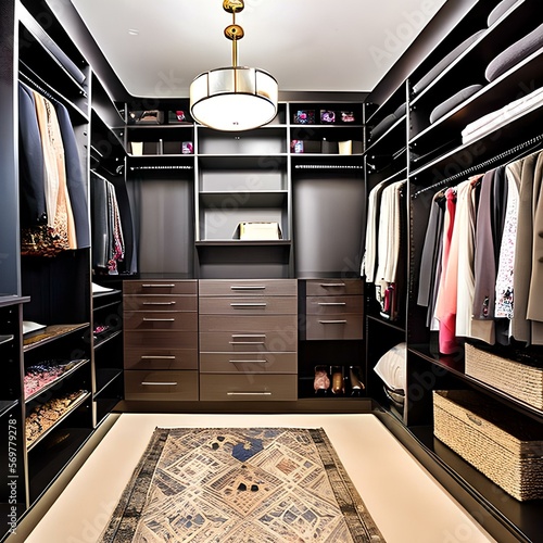 A glamourous walk-in closet with custom shelving1, Generative AI