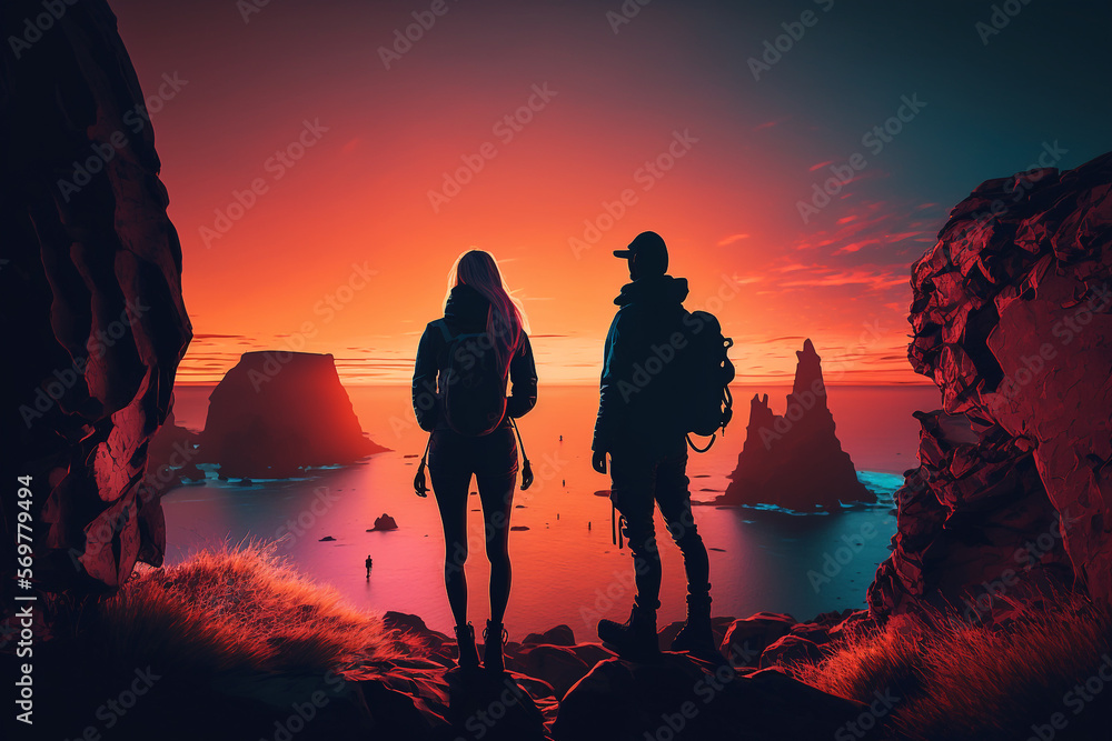 silhouette backpacker couple  Generative AI Digital Illustration Part#90223