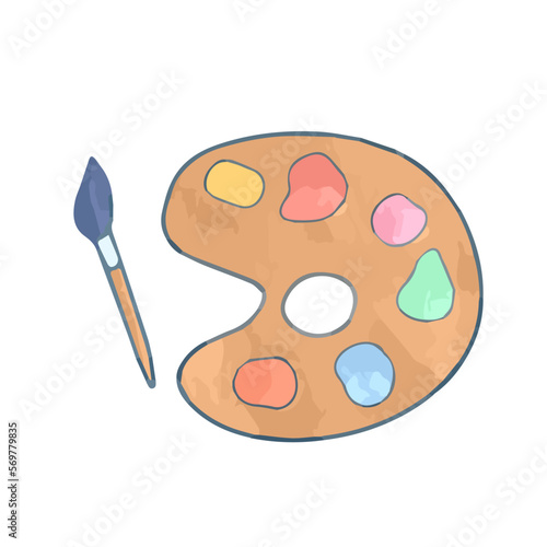 Hand drawn cute isolated palette with and colorful paint pigments and brush