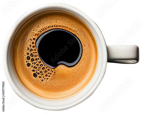 Steaming Hot Coffee in a Classic White Mug - Top View Flat Lay Design Element. white coffee cup / mug with hot black coffee, isolated design element, top view / flat lay. Genenative AI