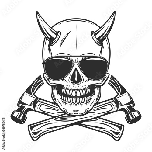 Viking skull with horns with construction hammer tools and sunglasses accessory to protect eyes from bright sun vintage isolated vector illustration