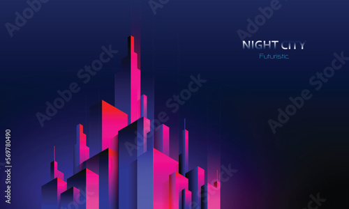 Futuristic night city. Cityscape on a dark background with bright and glowing neon purple and blue lights. Cyberpunk and retro wave style illustration.