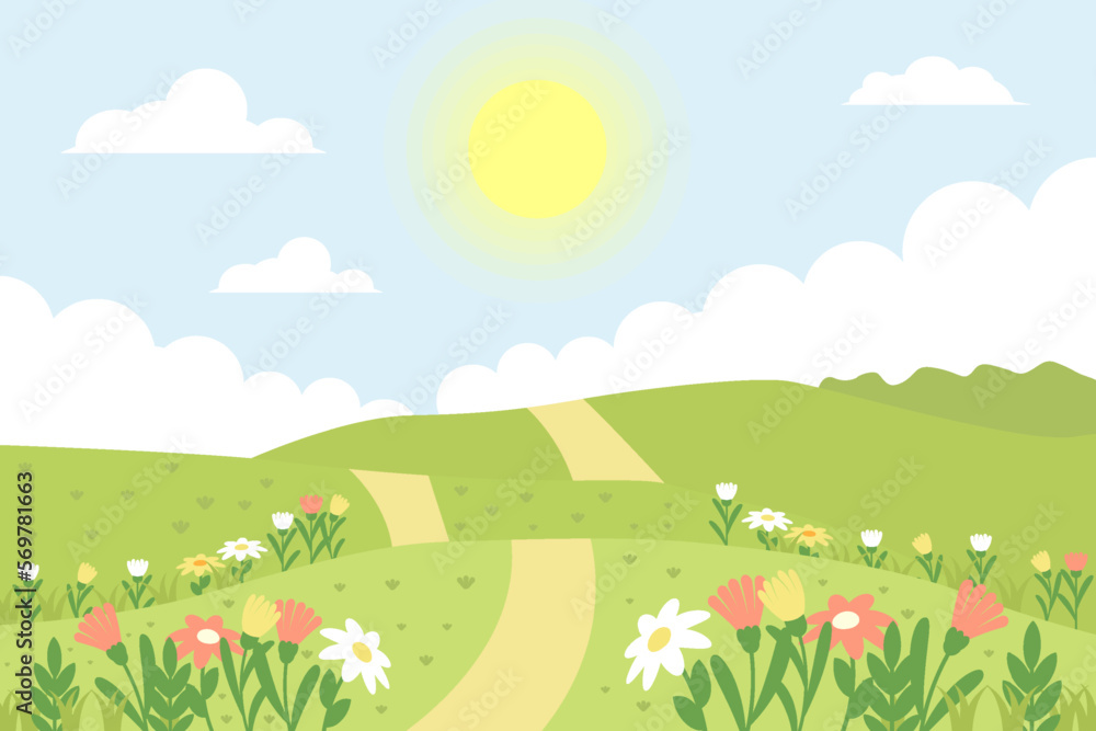 flat spring landscape illustration with spring flowers