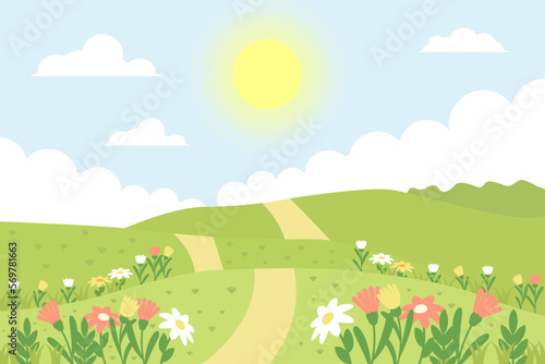 flat spring landscape illustration with spring flowers