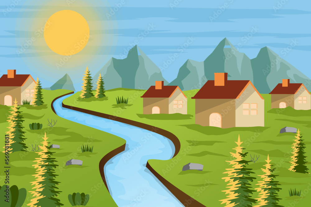 Obraz premium spring village landscape with mountain background