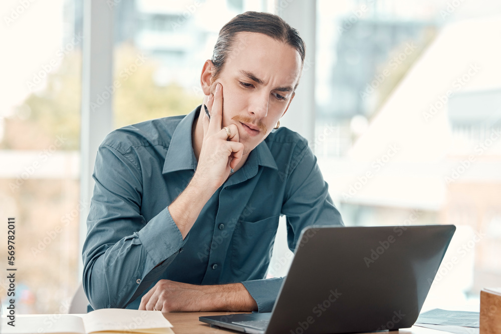 Business, laptop and man thinking, decision and confusion for deadline, new project and schedule. Corporate, male employee and manager with device, glitch and problems with trading and investment Business, laptop and man thinking, decision and confusion for deadline, new project and schedule. Corporate, male employee and manager with device, glitch and problems with trading and investment