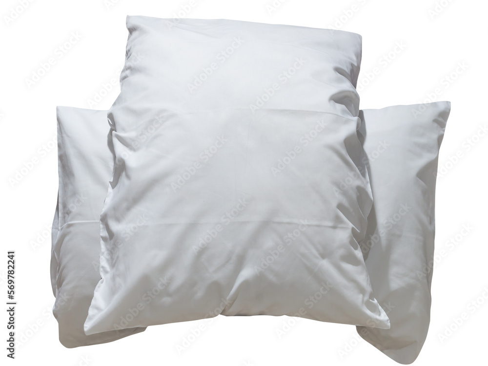 Obraz premium Two white pillows with cases after guest's use at hotel or resort room isolated on white background with clipping path in png file format, Concept of confortable and happy sleep in daily life