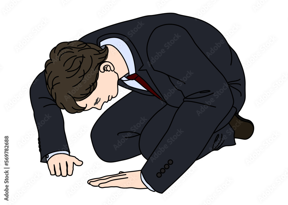 土下座をする男性ビジネスマンの全身横向きイラスト 謝罪や誠意を表現するビジネスシーン素材