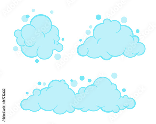 Soap foam set with bubbles. Carton light blue suds of bath water, shampoo, shaving, mousse. Vector illustration isolated on white background.