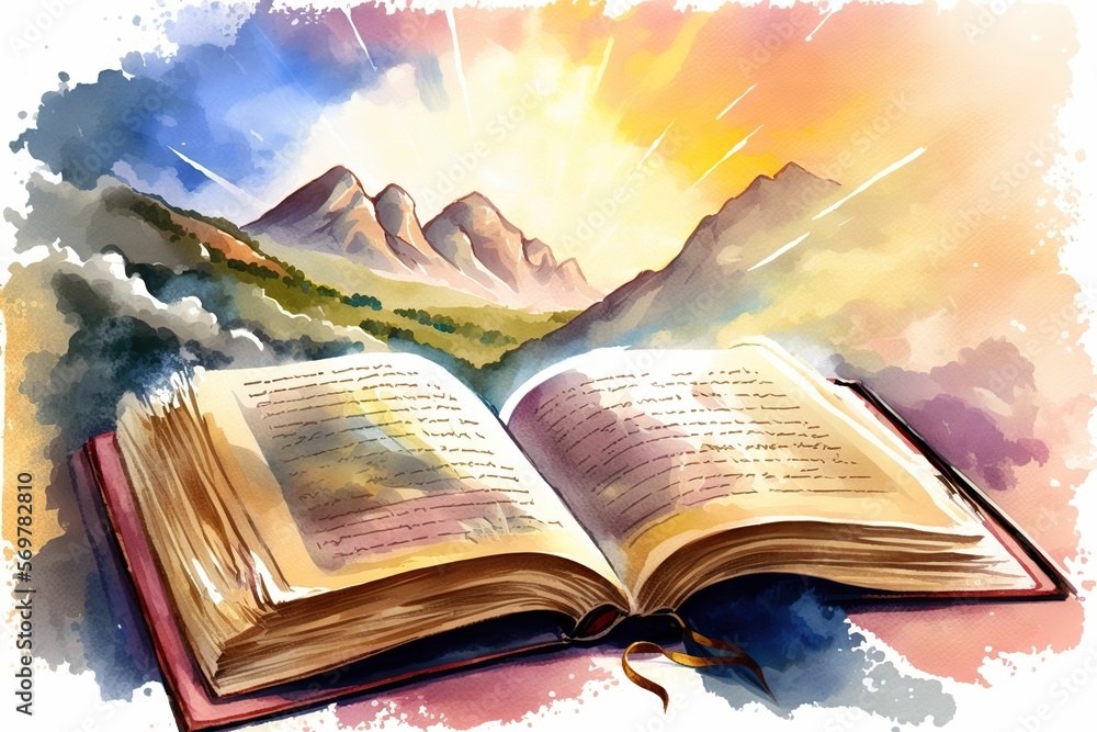 Bible illustration open book landscape art paradise sun light prayer