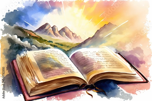 Bible illustration open book landscape art paradise sun light prayer
jesus god Divine nature background sky clouds faith religion dream christmas easter gerernative ai