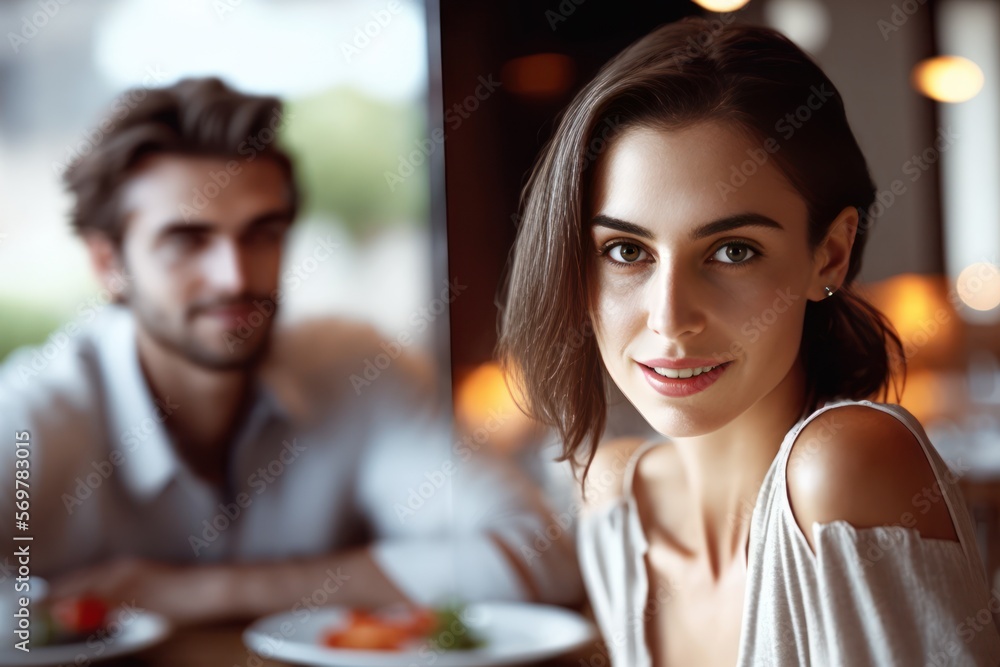 young couple having a romantic dinner looking at the camera. Generative AI