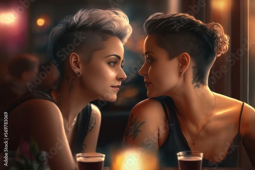 young lesbian couple having a romantic dinner looking at each other. Generative AI