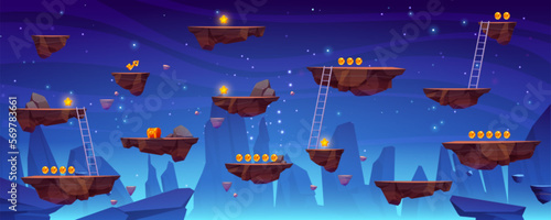 Flying rock islands vector game space background landscape. Cartoon planet in galaxy for arcade videogame. 2d ui level map with floating platform with gold goin in fantasy universe. World asset design