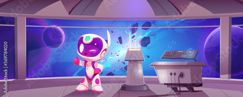 Cartoon vector spaceship with astronaut character background. Futuristic interior inside rocket lab with cosmonaut. Steel metal texture in shuttle control center. Spacecraft room illustration.