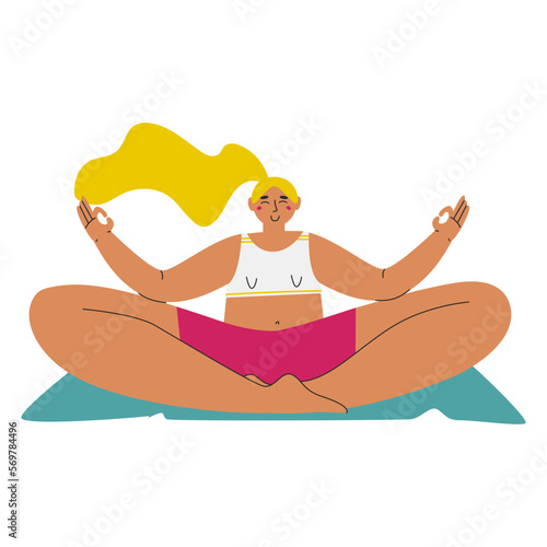 Girl is sitting on the rug in the lotus position. Woman meditates on a white background. Flat vector illustration, eps10