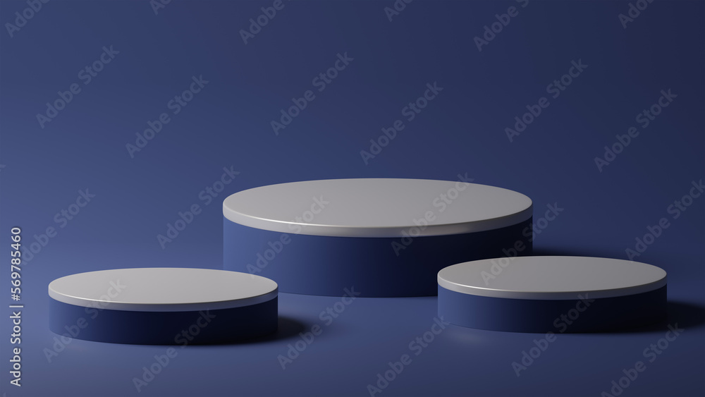 3D rendering blue silver colour minimal cylinder pedestal podium product showcase display on empty background. 3D mockup illustration 3D rendering blue silver colour minimal cylinder pedestal podium product showcase display on empty background. 3D mockup illustration