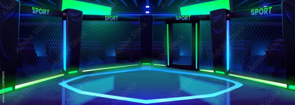 Cartoon boxing ring illuminated with neon lights. Vector illustration ...