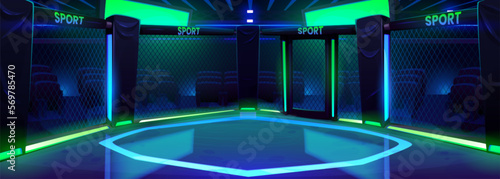 Cartoon boxing ring illuminated with neon lights. Vector illustration of arena with ropes for sports competition, wrestling match, night show. Empty seats, blank score screens. Betting app background