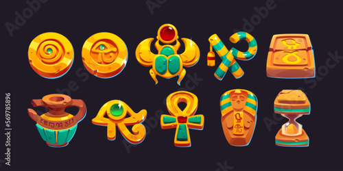 Game icons of ancient Egyptian gold coins, pharaoh tomb, vase, amulets and hourglass. Golden badges with symbols of gods of Egypt, vector cartoon set isolated on background