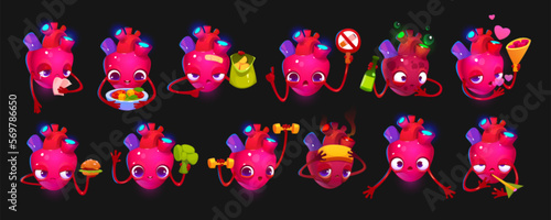 Heart character with healthy and unhealthy food. Funny human internal organ happy, sad, strong, sick, with alcohol, burger, vegetables and dumbbells, vector cartoon set