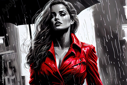 ai generated digital illustration, close up portrait image of a beautiful woman  standing in the rain with a bright red dress, graphic novel, 