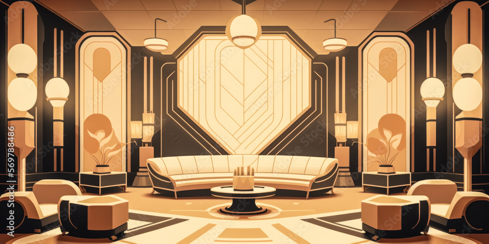 Art Deco Lounge Interior Illustration. A depiction of a lounge with