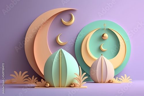 Ramadan Kareem Celebration 3D render Colorful Illustration on Pastel Color Design