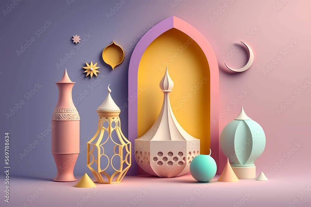 Ramadan Kareem Celebration 3D render Colorful Illustration on Pastel Color Design Ramadan Kareem Celebration 3D render Colorful Illustration on Pastel Color Design
