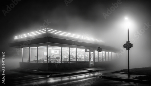 Rural diner at night. Black and white photography. Long exposure created using Generative AI photo