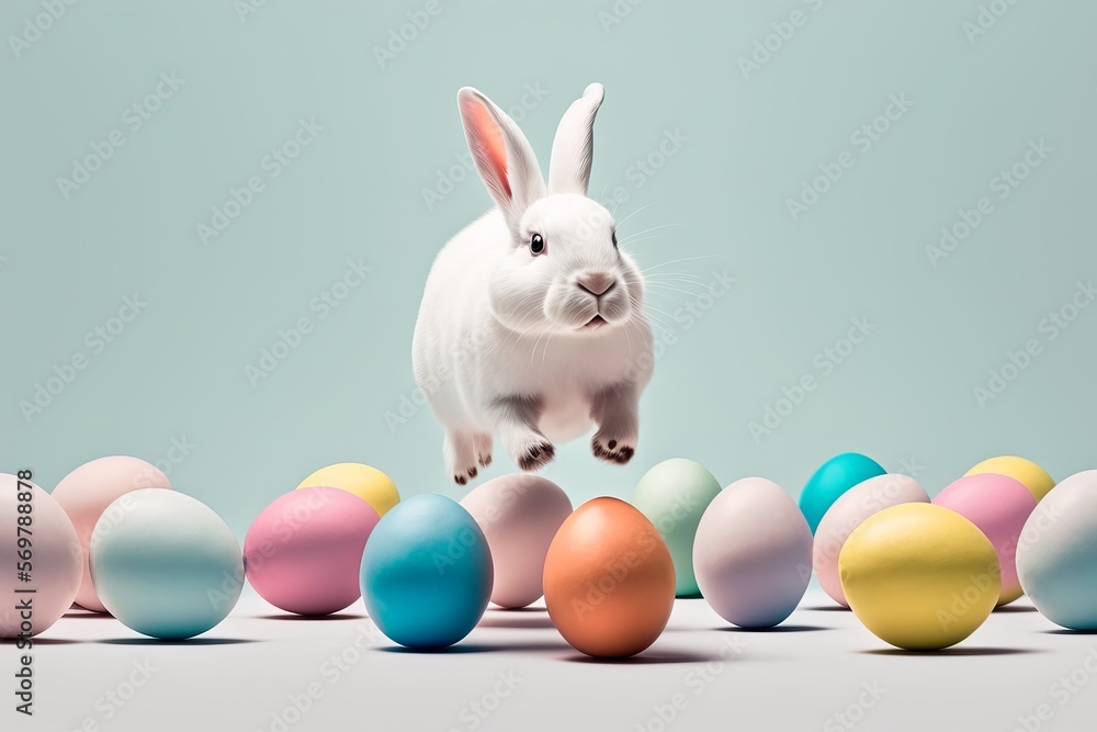 Happy Easter Bunny Jumping over Colorful Easter Eggs, Concept of Easter Eggs Hunt. Created with Generative Ai