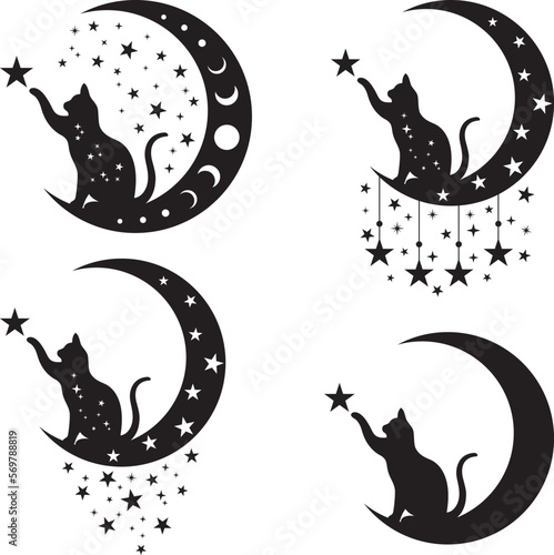 Black cat, Mystical black cat, Witch Halloween magic vector on white background