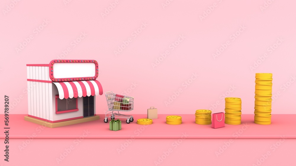 online mobile shopping store with stack coins row growth chart concept. 3d rendering