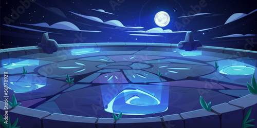 Stone platform for battleground at night, vector cartoon ancient game temple background. Maya arena floor in moon light and clouds. Fantasy magic altar landscape. Old egypt rock podium with neon runes