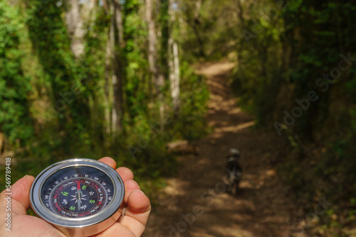 man orienting himself with a compass in the woods