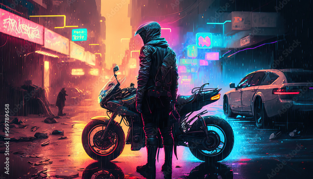 Biker on an Futuristic motorcycle. Evening futuristic city in background. Neon urban future. Wallpaper in a cyberpunk style Post-processed generative AI	