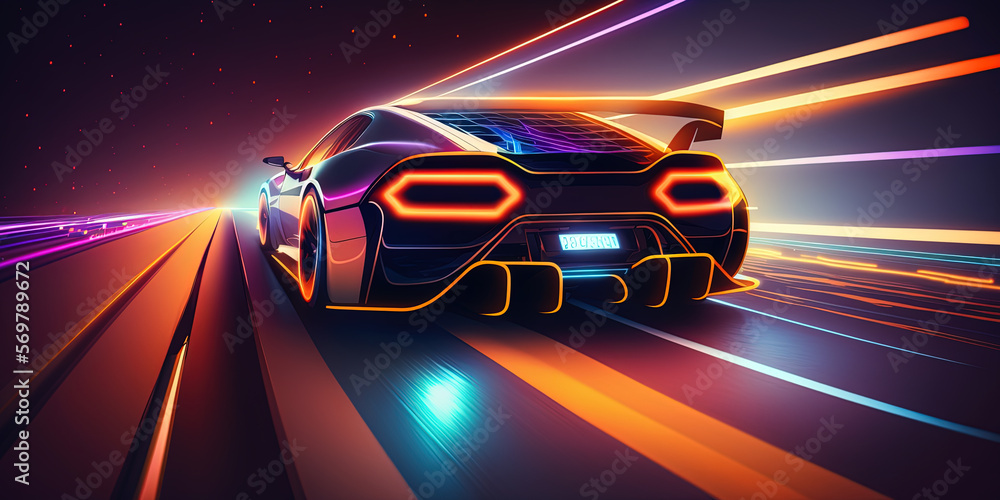 Car rushes highway a night track with colorful lights. Car lights night. Post-processed generative AI	
