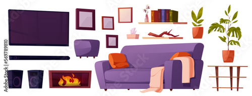 Vector cartoon interior furniture set for living room. Isolated tv, sofa, fireplace and console for diy construction scandinavian house. Creation of comfortable indoor hygge lifestyle picture.