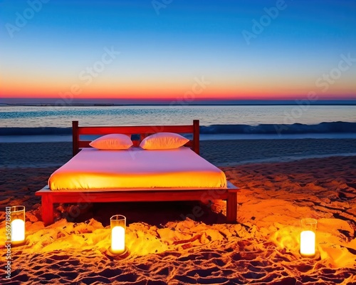 Bed on the seashore decorated  Beautiful sunset  Sunset at the beach  Valentine s Day  Made with Generative AI