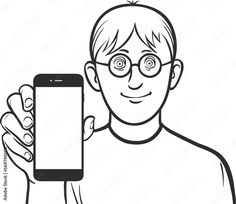 line drawing of a student showing a mobile app on a smart phone - PNG image with transparent background