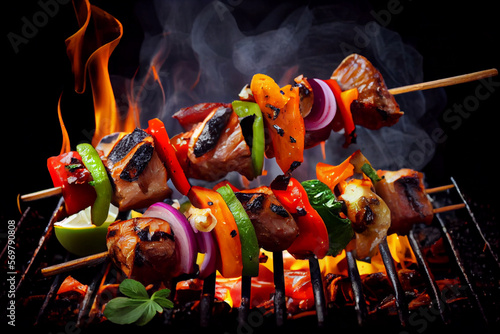 Schaschlik - Spieß mit Fleisch und Gemüse auf einen brennenden Grill - Generative Ai 