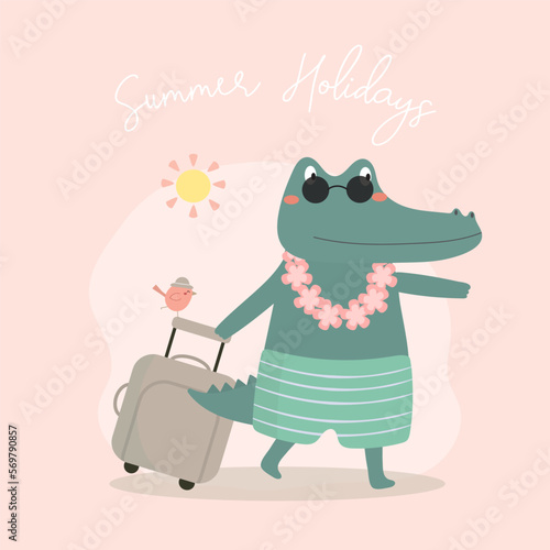 Crocodile in Hawaiian outfit and travel bags cartoon vector