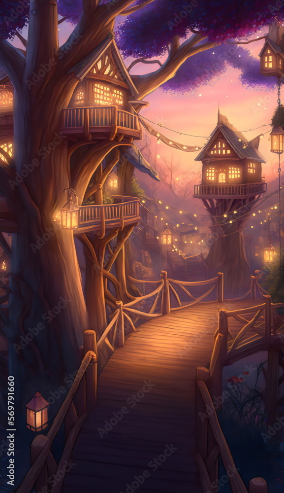 fantasy treehouse villiage illustration created with generative ai